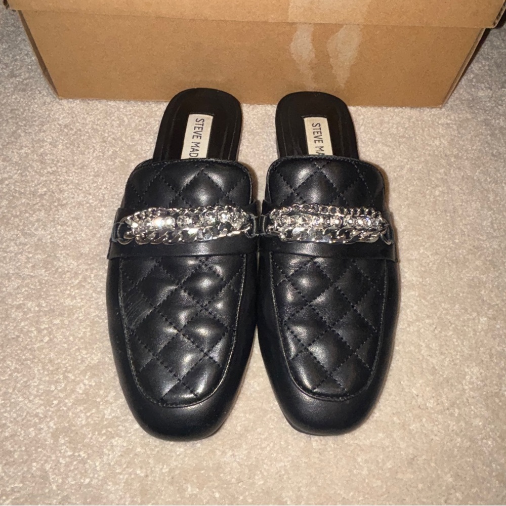 Steve Madden Black Quilted Mules with Silver Chain